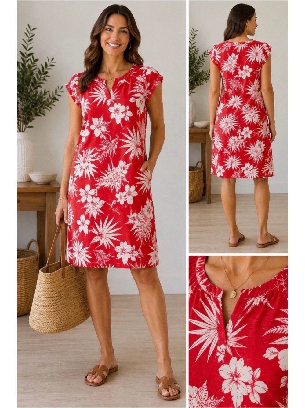Talbots Red White Tropical Floral Cotton Shift Dress L Boho Summer Short Sleeve